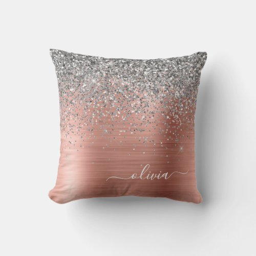 Brushed Metal Rose Gold Silver Glitter Monogram Throw Pillow