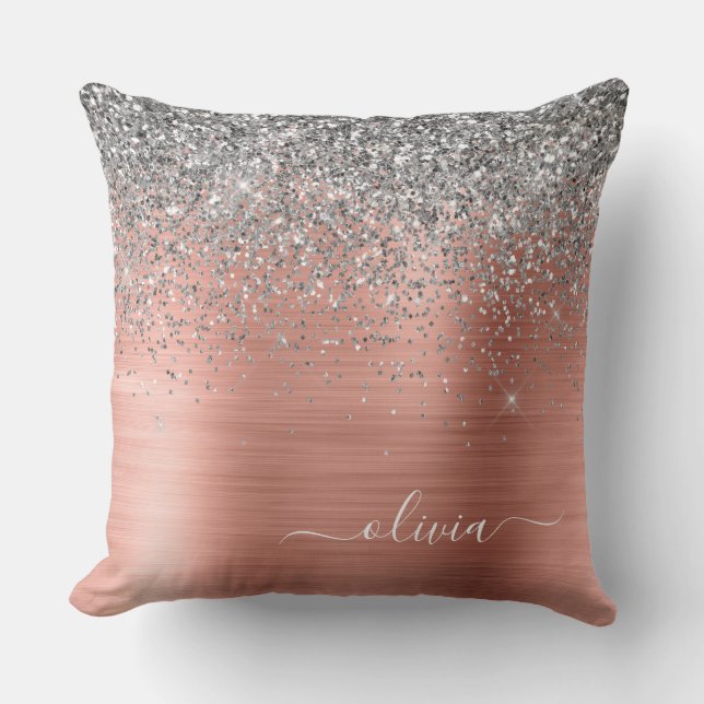 Brushed Metal Rose Gold Silver Glitter Monogram Throw Pillow (Front)