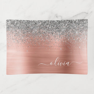 Brushed Metal Rose Gold Silver Glitter Monogram Trinket Tray