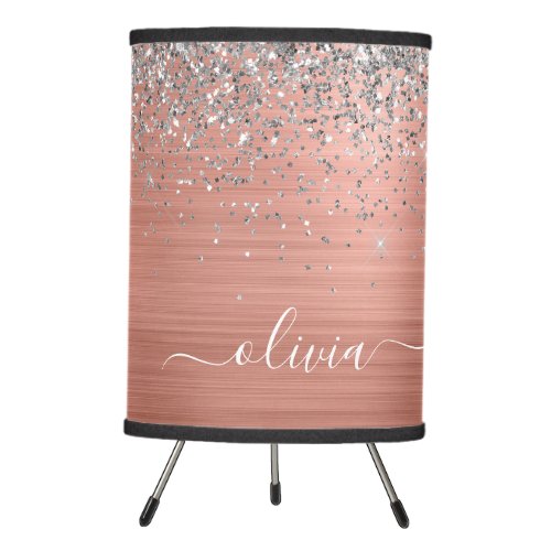 Brushed Metal Rose Gold Silver Glitter Monogram Tripod Lamp