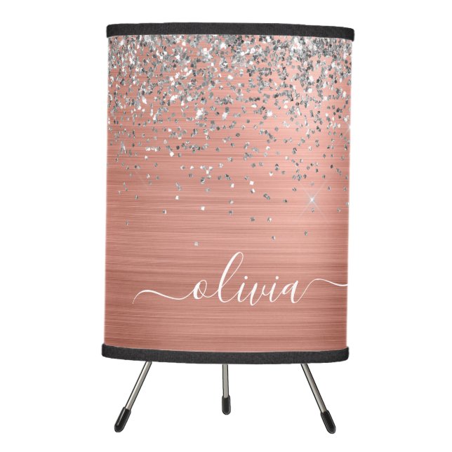 Brushed Metal Rose Gold Silver Glitter Monogram Tripod Lamp (Front)