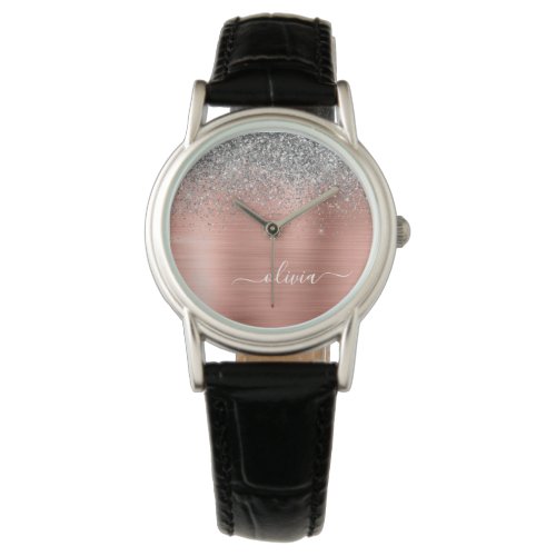 Brushed Metal Rose Gold Silver Glitter Monogram Watch