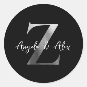 Brushed Metal Silver Black Wedding Monogram Z Classic Round Sticker