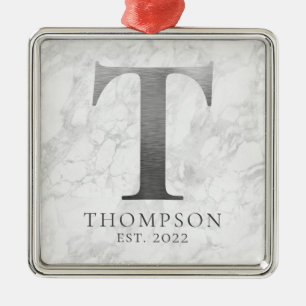 Brushed Metal Silver Monogram T Marble Ornament