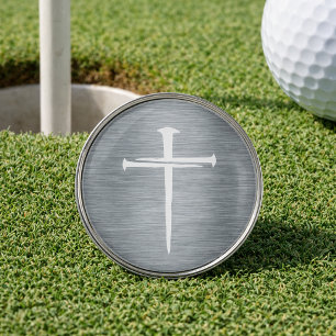 Brushed Metal Three Nails White Cross Christian Golf Ball Marker