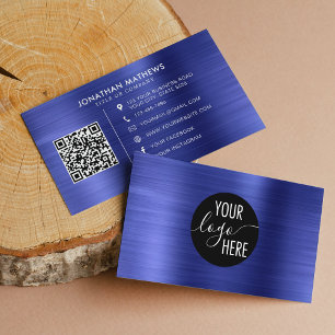 Brushed Metallic Blue Company Logo QR Code Business Card