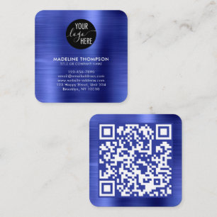 Brushed Metallic Blue Company Logo QR Code Square Business Card