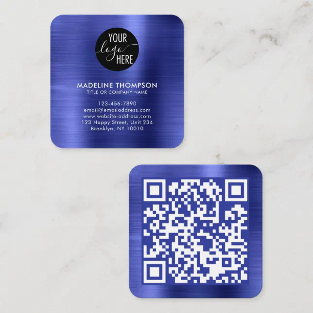 Brushed Metallic Blue Company Logo QR Code Square Business Card | Zazzle