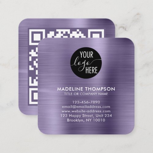 Brushed Metallic Lavender Company Logo QR Code Square Business Card