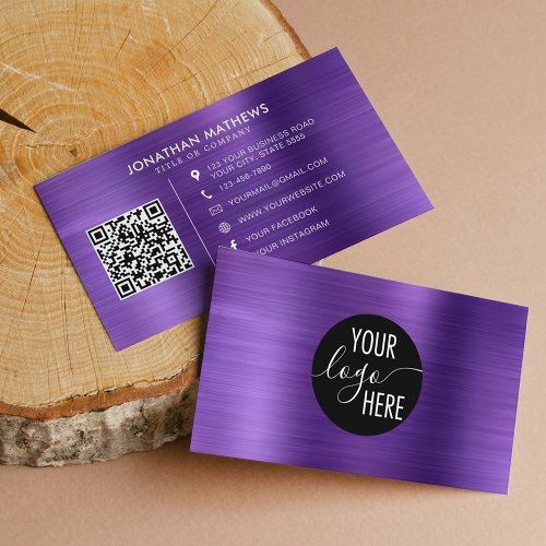 Brushed Metallic Purple Company Logo QR Code Business Card