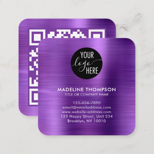 Brushed Metallic Purple Company Logo QR Code Square Business Card