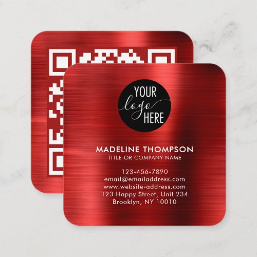 Brushed Metallic Red Company Logo QR Code Square Business Card