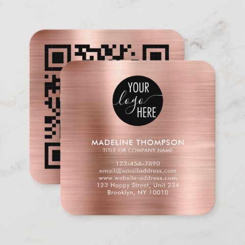 Brushed Metallic Rose Gold Company Logo QR Code Square Business Card