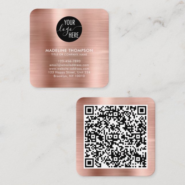 Brushed Metallic Rose Gold Company Logo QR Code Square Business Card (Front/Back)