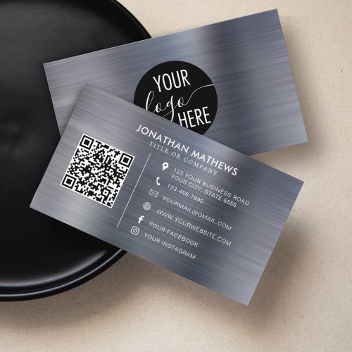Brushed Metallic Silver Gray Company Logo QR Code Business Card