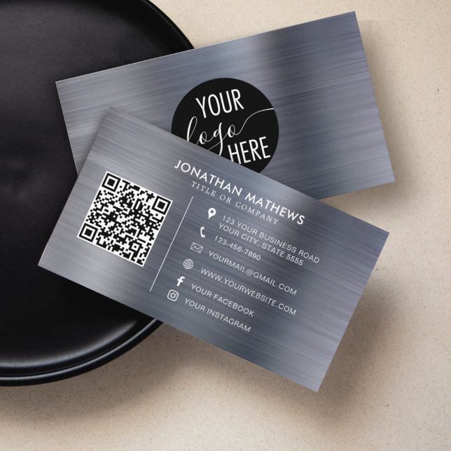 Brushed Metallic Silver Gray Company Logo QR Code Business Card (Creator Uploaded)
