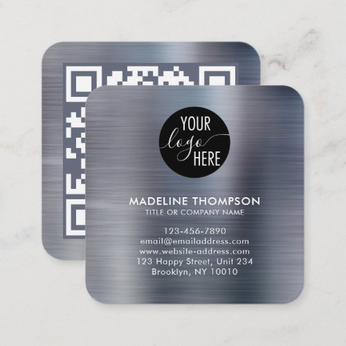 Brushed Metallic Silver Gray Company Logo QR Code Square Business Card
