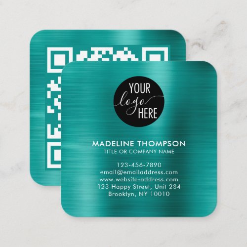 Brushed Metallic Teal Company Logo QR Code Square Business Card