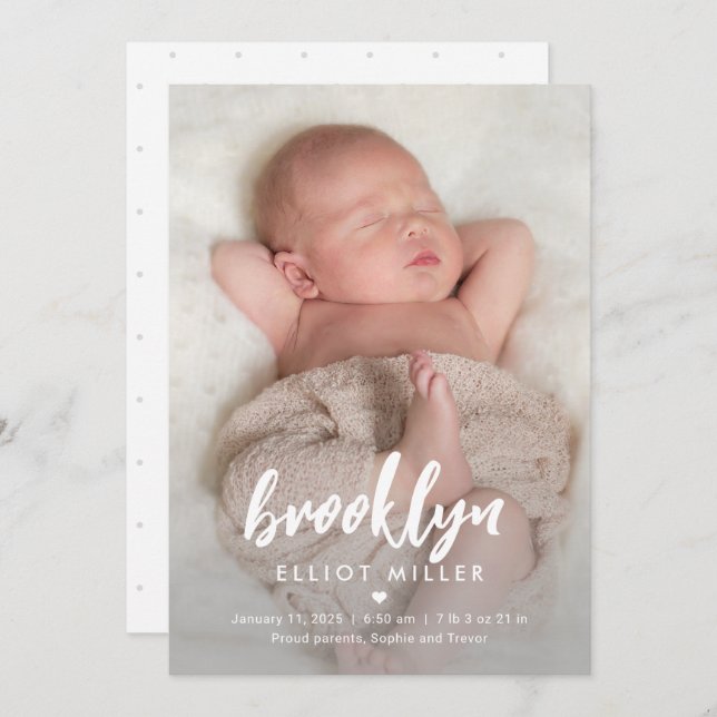 Brushed Name Modern Baby Birth Announcement (Front/Back)