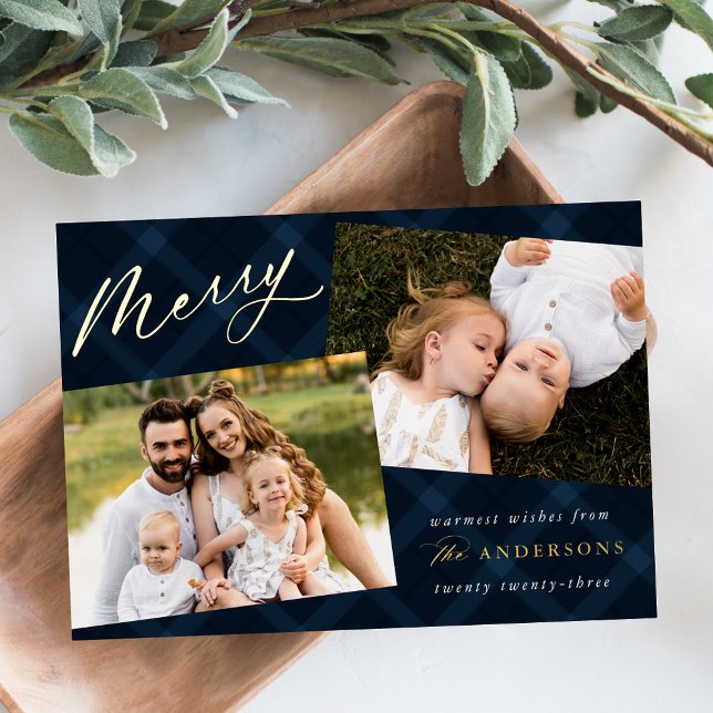 Brushed Navy Plaid 3 Photo Foil Holiday Card (Creator Uploaded)