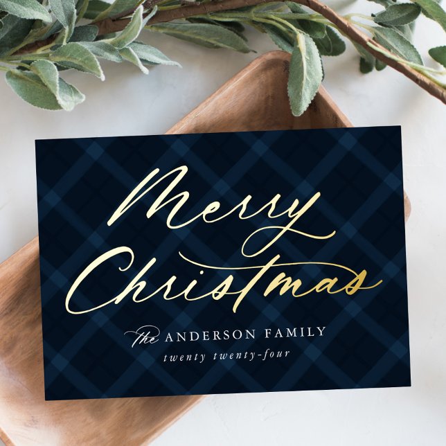 Brushed Navy Plaid Merry Christmas Non-Photo Foil Holiday Card (Creator Uploaded)