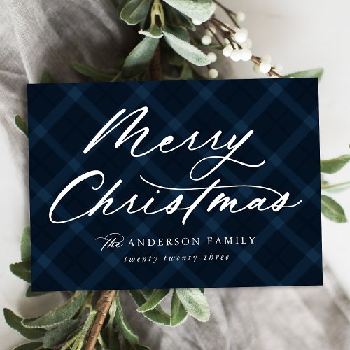 Brushed Navy Plaid Merry Christmas Non_Photo Holiday Card