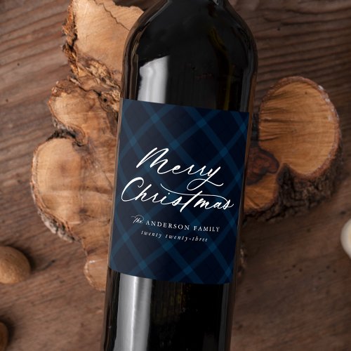 Brushed Navy Plaid Merry Christmas Wine Label
