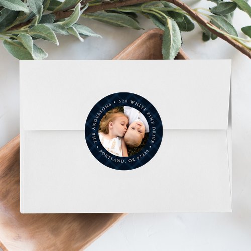 Brushed Navy Plaid Photo Return Address Label