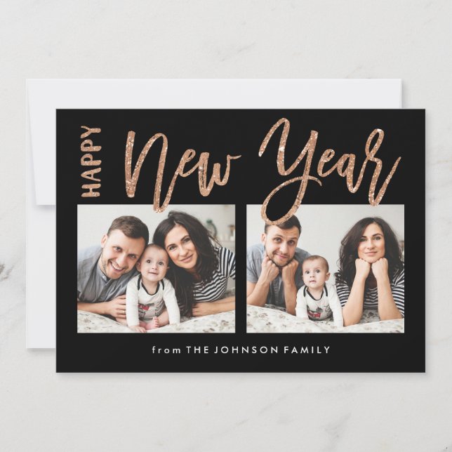 Brushed New Year Faux Gold Glitter 2 Photo Card (Front)