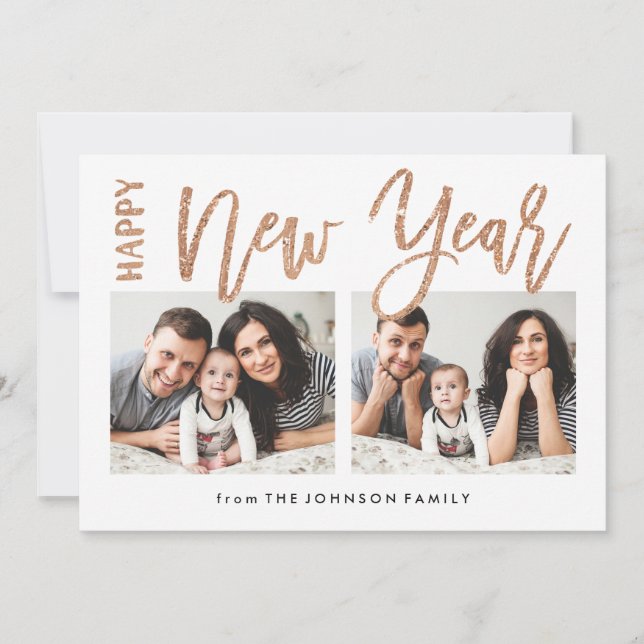 Brushed New Year Faux Gold Glitter 2 Photo Card (Front)