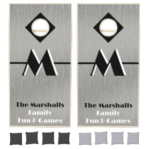 Brushed Nickel Look Black Monogram Cornhole Set