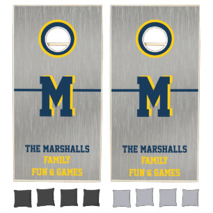 Brushed Nickel Look Blue and Maze Monogram Cornhole Set