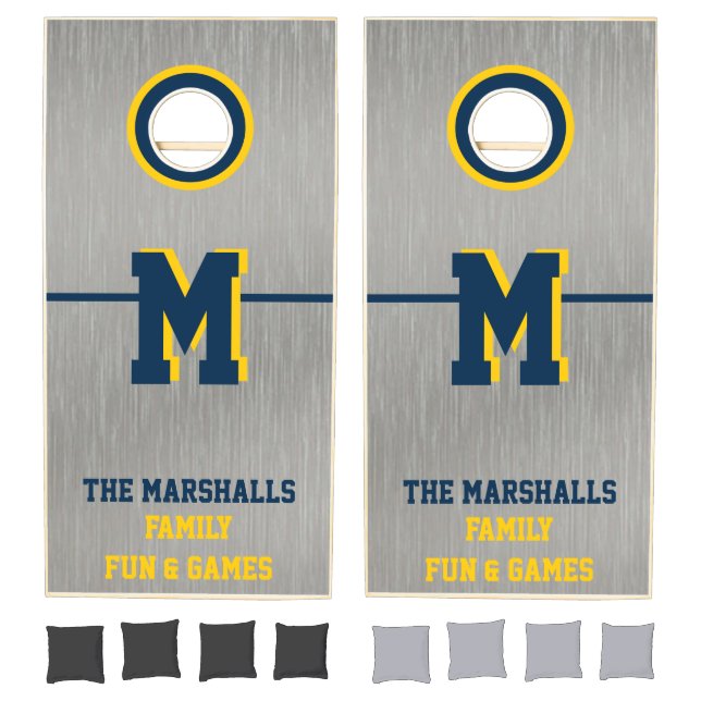 Brushed Nickel Look Blue and Maze Monogram Cornhole Set (Set)