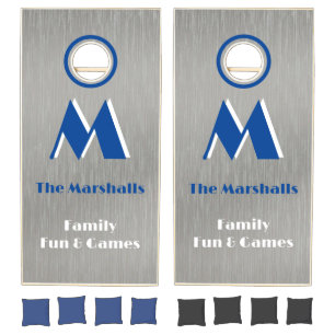 Brushed Nickel Look Blue Monogram Cornhole Set