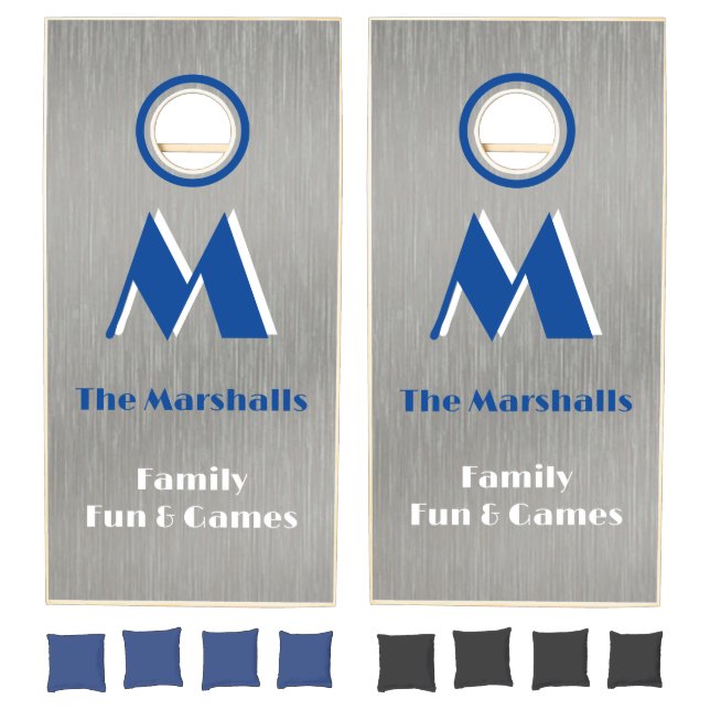 Brushed Nickel Look Blue Monogram Cornhole Set (Set)