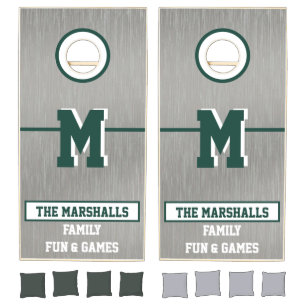 Brushed Nickel Look Green and White Monogram Cornhole Set