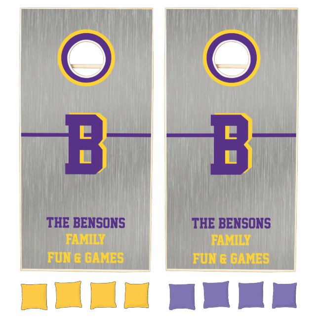 Brushed Nickel Look Purple and Gold Monogram Cornhole Set (Set)