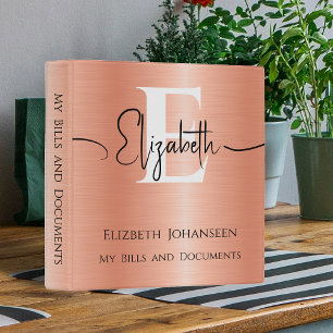 Brushed Peach Metal Elegant Script Name & Monogram 3 Ring Binder