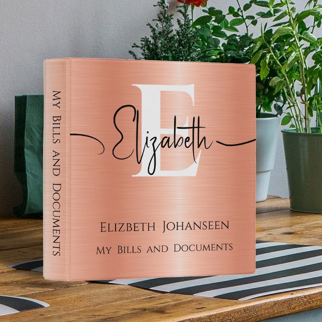 Brushed Peach Metal Elegant Script Name & Monogram 3 Ring Binder (Creator Uploaded)