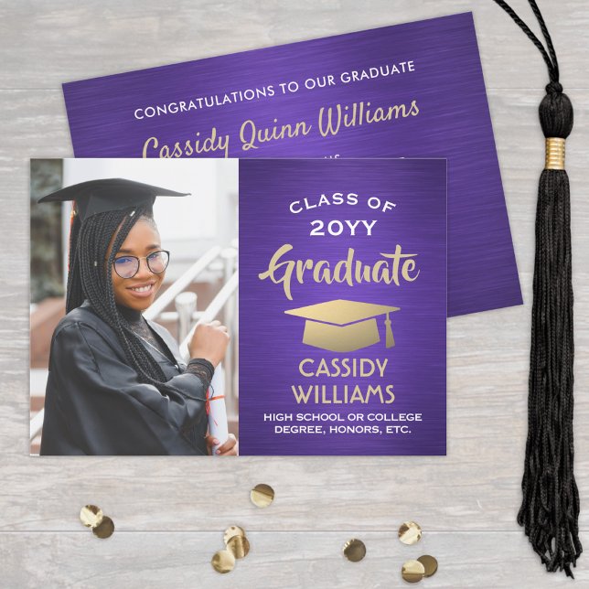 Brushed Purple and Gold Modern Graduation Photo Invitation (Creator Uploaded)