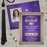Brushed Purple & Gold Graduate Photo Save the Date Announcement Postcard<br><div class="desc">Share the joyful news of an upcoming graduation party as well as one favorite photo with these modern purple, gold and white save the date invitation postcards. All text is simple to customize. (IMAGE PLACEMENT TIP: An easy way to center a photo exactly how you want is to crop it...</div>