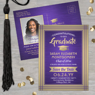 Brushed Purple & Gold Graduate Photo Save the Date Announcement Postcard