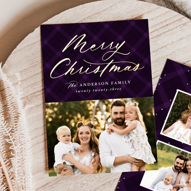 Brushed Purple Plaid Merry Christmas 3 Photo Foil Holiday Card (Creator Uploaded)