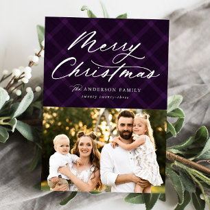 Brushed Purple Plaid Merry Christmas 3 Photo Holiday Card