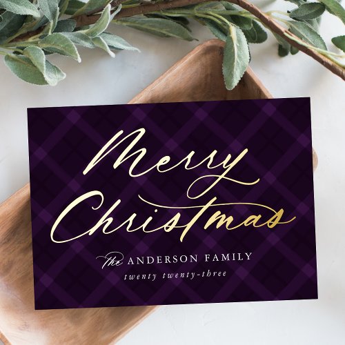 Brushed Purple Plaid Merry Christmas Non_Photo Foil Holiday Card