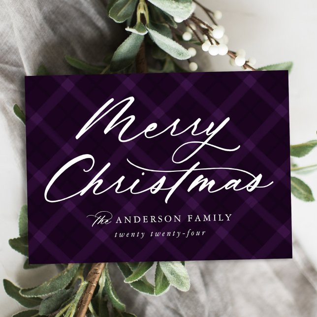 Brushed Purple Plaid Merry Christmas Non-Photo Holiday Card (Creator Uploaded)