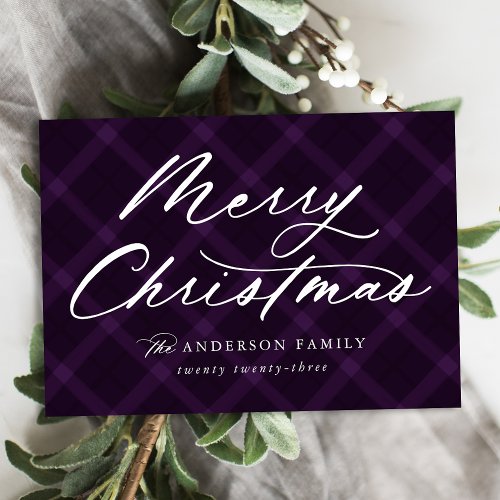 Brushed Purple Plaid Merry Christmas Non_Photo Holiday Card