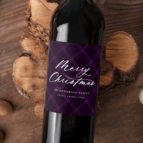 Brushed Purple Plaid Merry Christmas Wine Label