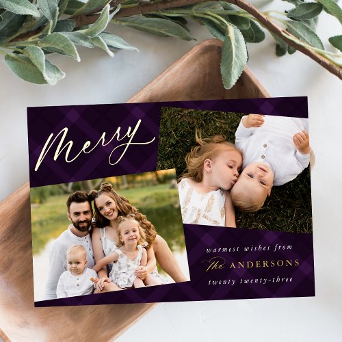 Brushed Purple Plaid Photo Foil Holiday Card