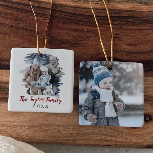 Brushed Red Christmas Yearly Family Photo Ceramic Ornament